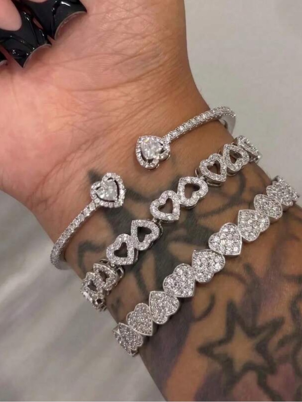 Pave Heart Bracelet Stack - Silver